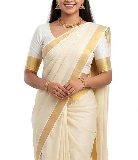 Kerala Kasavu Saree with Runnig Blouse Piece | Onam Vishu Pongal Special Cotton Traditional South Indian Saree